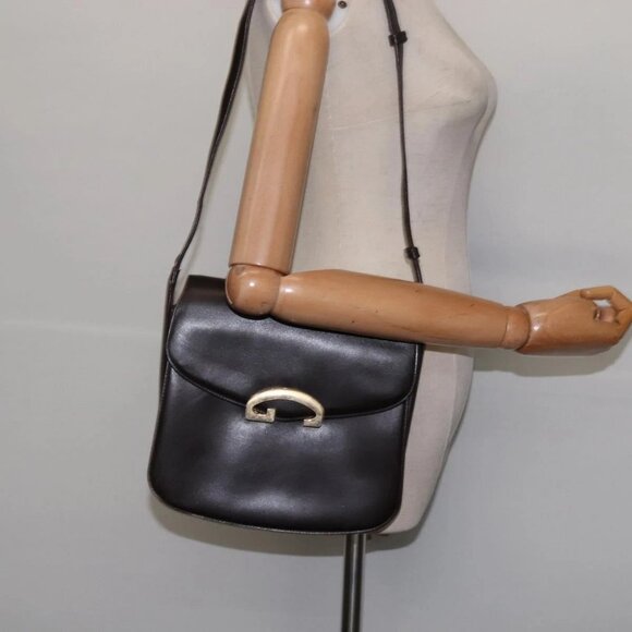 GUCCI Shoulder Bag Leather Brown Gold Auth